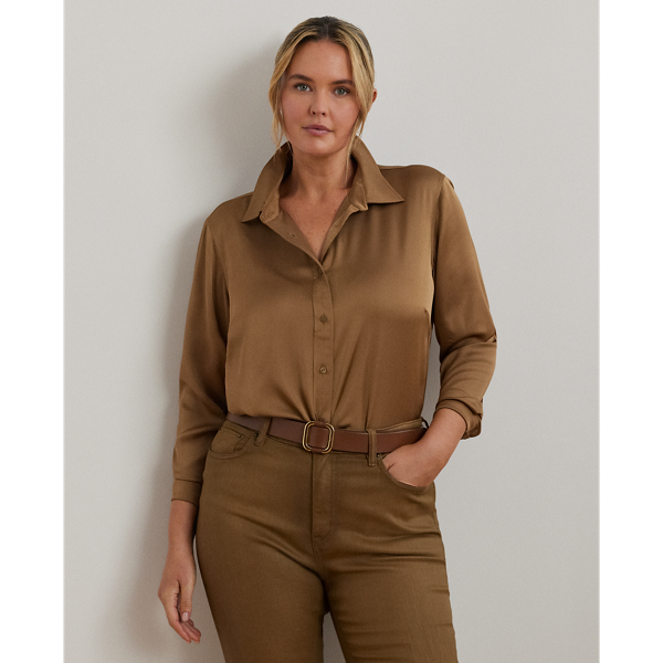 Lauren Woman Classic Fit Satin Charmeuse Shirt In Honey Tan