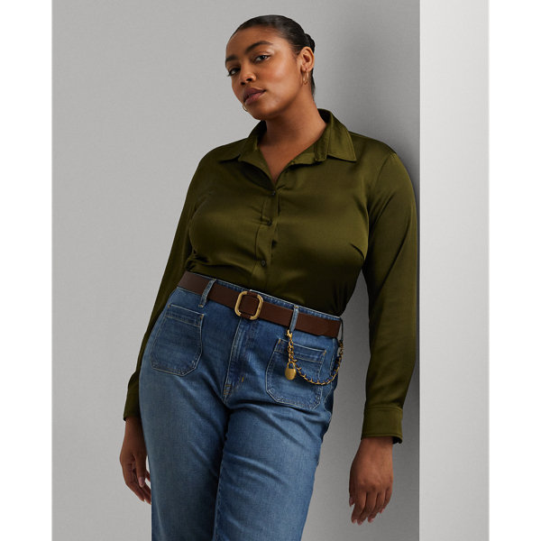 Lauren Woman Classic Fit Satin Charmeuse Shirt In Botanic Green