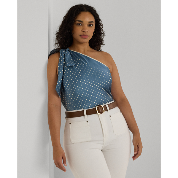 Shop Lauren Curve Curve - Polka-dot Charmeuse One-shoulder Blouse In Blue