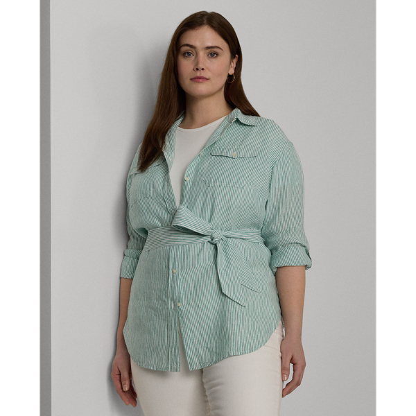 Lauren Woman Relaxed Fit Striped Belted Linen Shirt In Soft Laurel/white