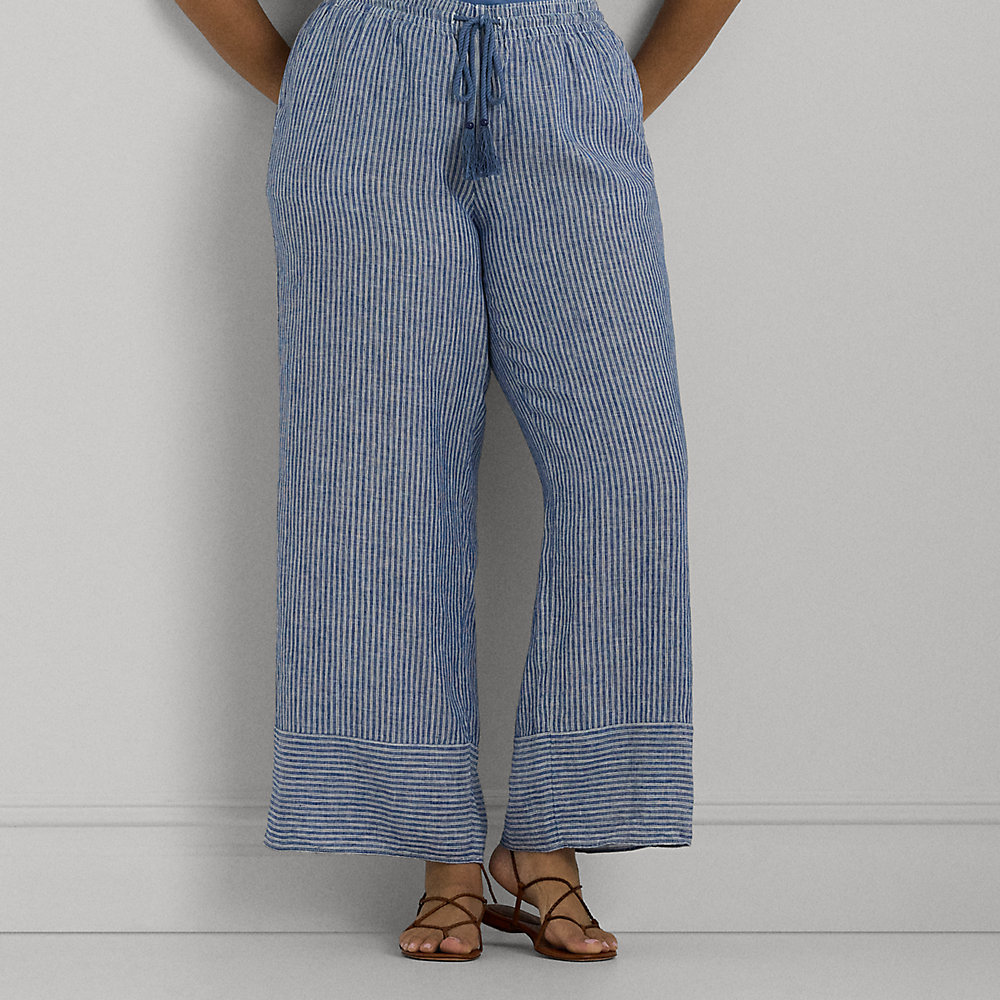 Lauren Woman Pinstripe Linen Wide-leg Pant In Blue/white