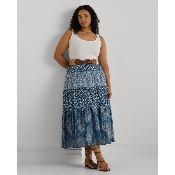 Lauren Woman Patchwork Floral Voile Tiered Skirt In Blue/cream