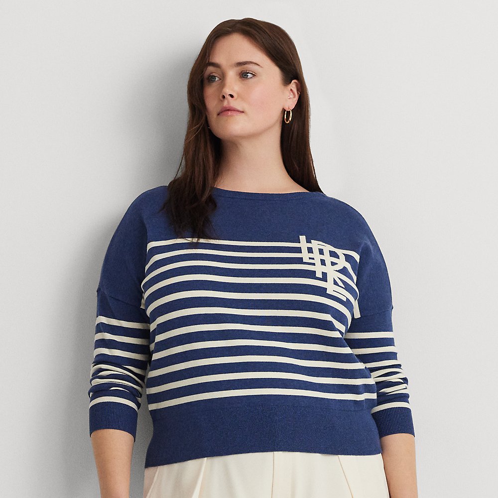 Lauren Woman Logo Striped Cotton Boatneck Sweater In Indigo Dusk Heather/cream