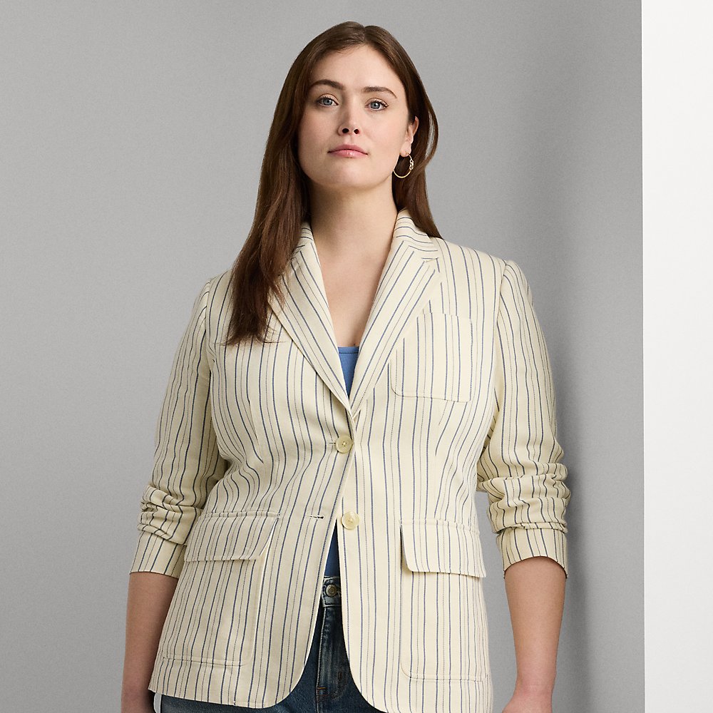 Lauren Woman Striped Cotton-blend Blazer In Cream/blue