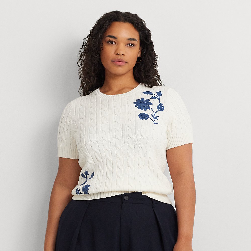Lauren Woman Floral Cable-knit Short-sleeve Sweater In White/indigo Dusk