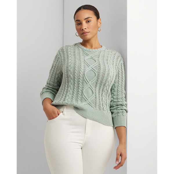 Lauren Woman Aran-knit Cotton-blend Crewneck Sweater In Soft Laurel