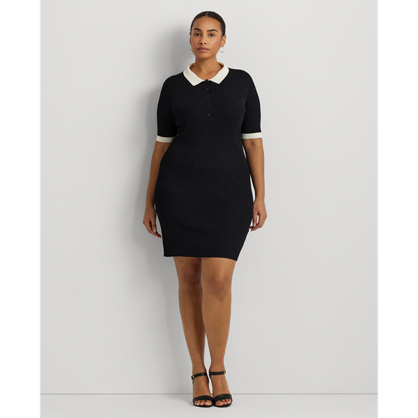 Shop Lauren Woman Two-tone Rib-knit Polo Sweater Dress In Black