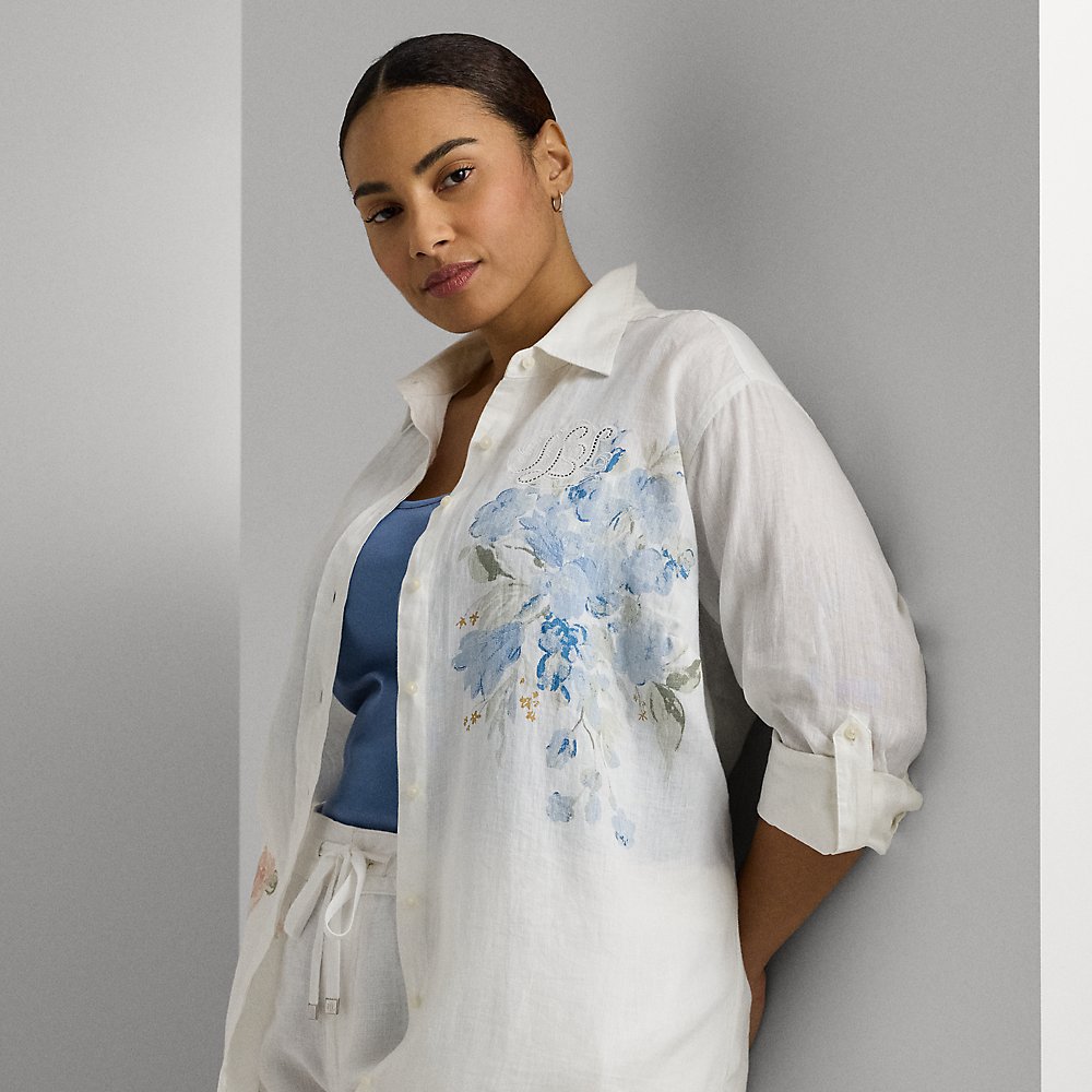 Lauren Woman Oversize Floral Eyelet-logo Linen Shirt In White