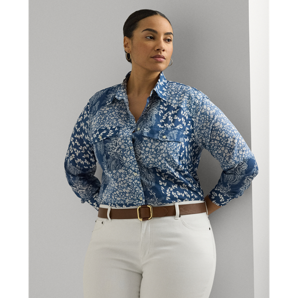 Shop Lauren Woman Classic Fit Patchwork Floral Voile Shirt In Blue/cream