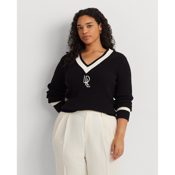 Shop Lauren Woman Rib-knit Cotton Cricket Sweater In Black/mascarpone Cream