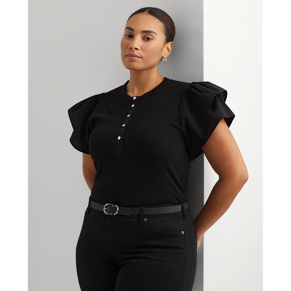 Shop Lauren Woman Stretch Cotton Flutter-sleeve Henley Top In Black