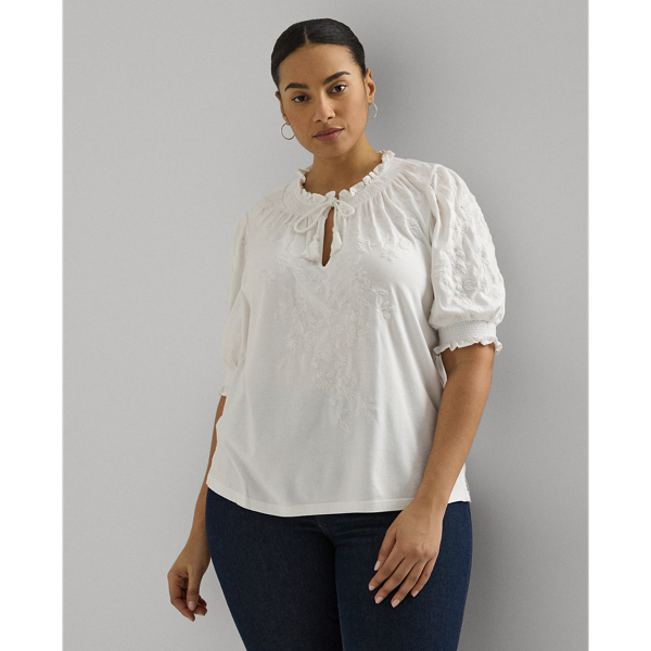 Shop Lauren Woman Embroidered Jersey Puff-sleeve Top In White