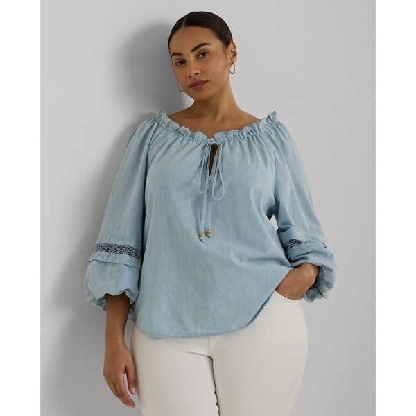 Shop Lauren Woman Lace-trim Chambray Tie-neck Blouse In Medium Chambray Wash