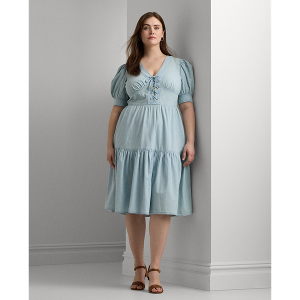 Shop Lauren Woman Chambray Puff-sleeve Dress In Medium Chambray Wash