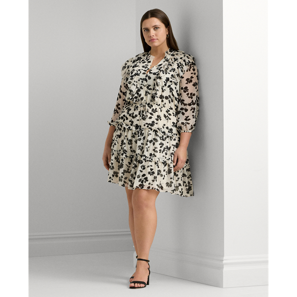 Shop Lauren Woman Leaf-print Ruffle-trim Georgette Dress In Cream/black