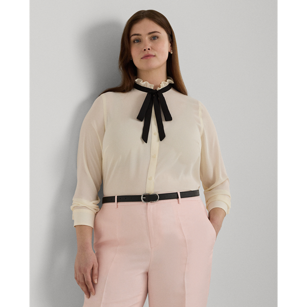 Shop Lauren Woman Classic Fit Georgette Tie-neck Shirt In Mascarpone Cream/black
