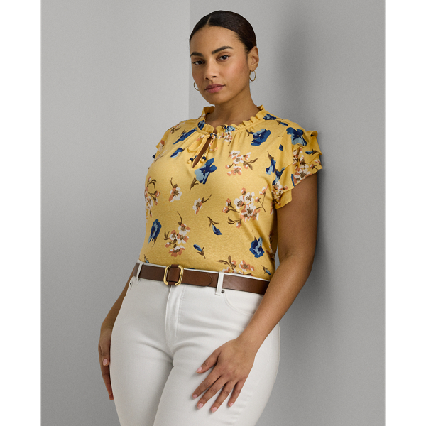 Lauren Woman Floral Linen-blend Jersey Tie-neck Top In Yellow Multi