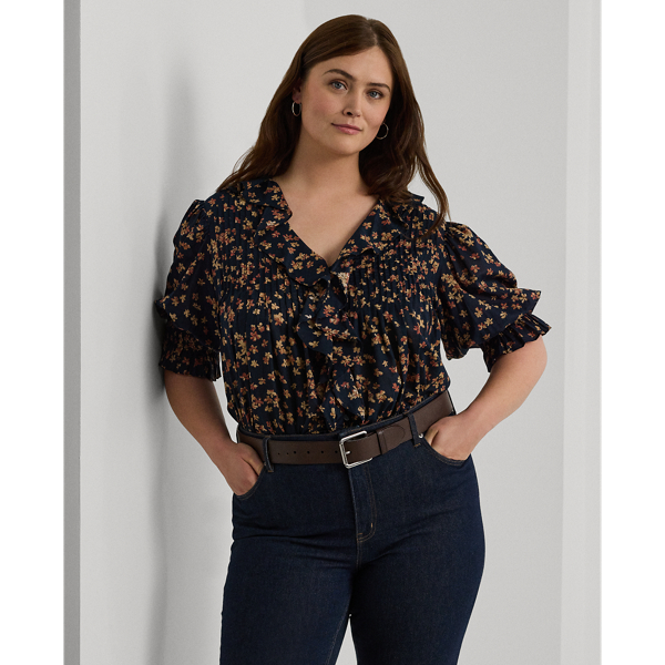 Lauren Woman Floral Cotton Voile Puff-sleeve Blouse In Navy Multi