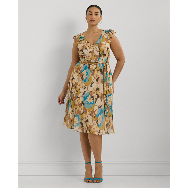 Shop Lauren Woman Floral Belted Crinkle Georgette Dress In Cream Multi