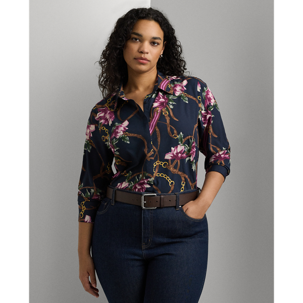 Lauren Woman Classic Fit Print Crepe Shirt In Navy Multi