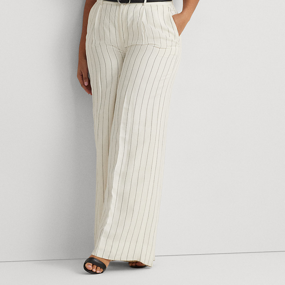 Lauren Woman Striped Linen-blend Wide-leg Pant In Mascarpone Cream/black