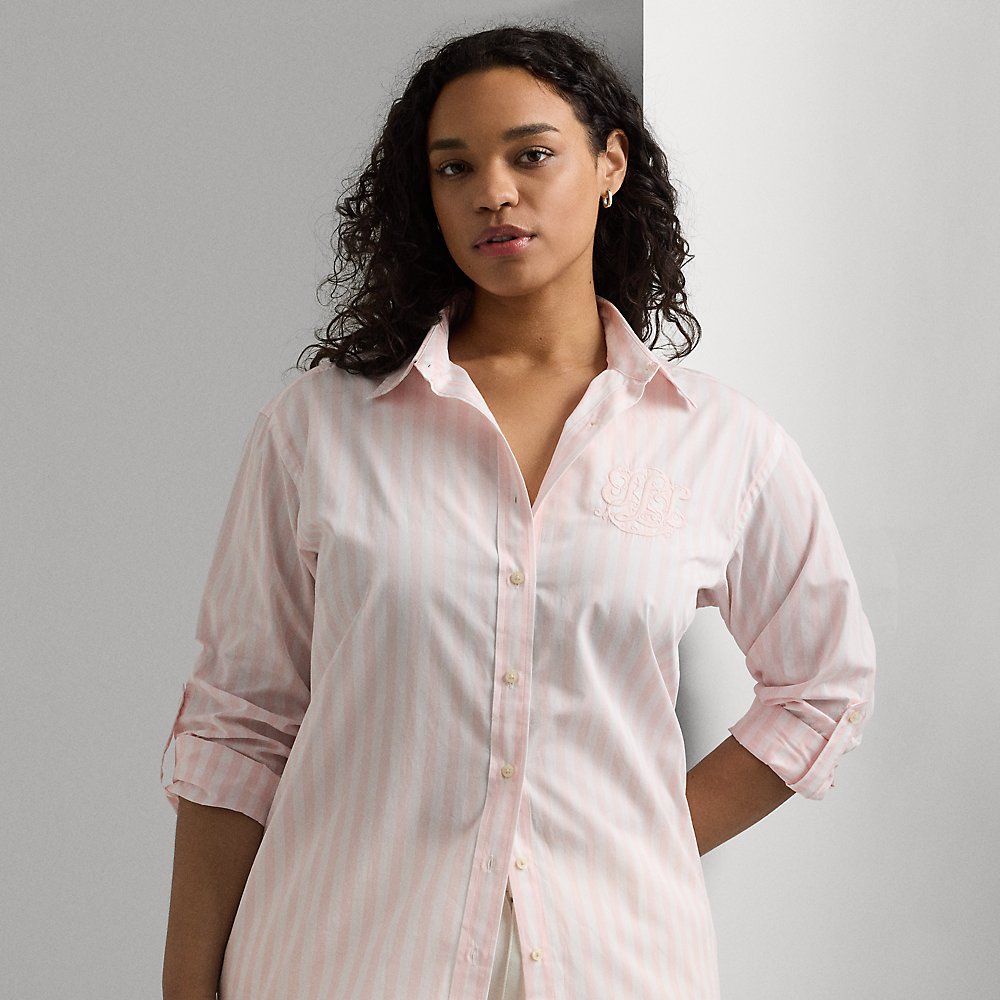 Lauren Woman Oversize Striped Cotton Broadcloth Shirt In Pink Opal/white