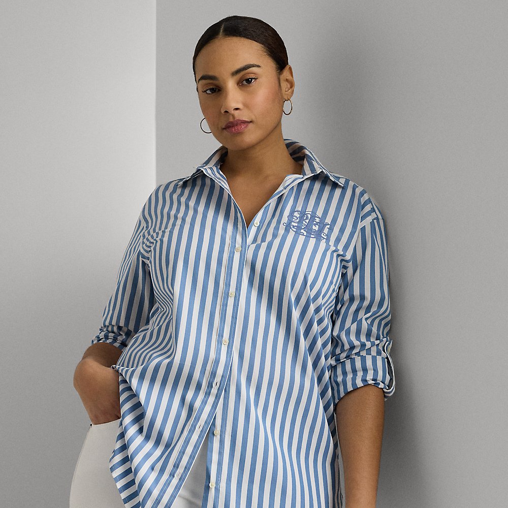 Lauren Woman Oversize Striped Cotton Broadcloth Shirt In Pale Azure/white
