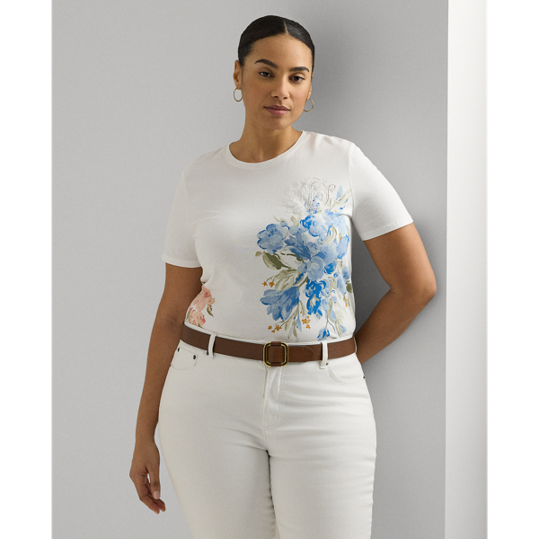 Shop Lauren Woman Floral Eyelet Cotton Jersey Tee In White