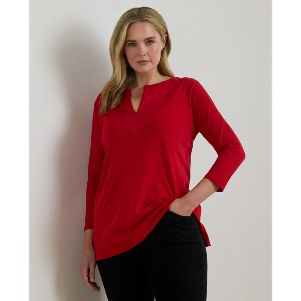 Lauren Woman Ralph Lauren Cotton Jersey Three-quarter-sleeve Tunic In Red