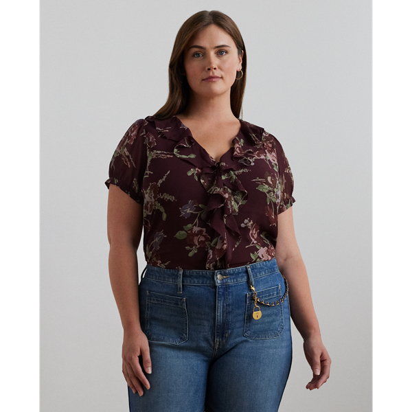 Lauren Woman Floral Georgette Puff-sleeve Blouse In Burgundy Multi