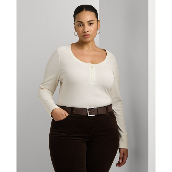 Lauren Woman Stretch Cotton Long-sleeve Henley Tee In Mascarpone Cream