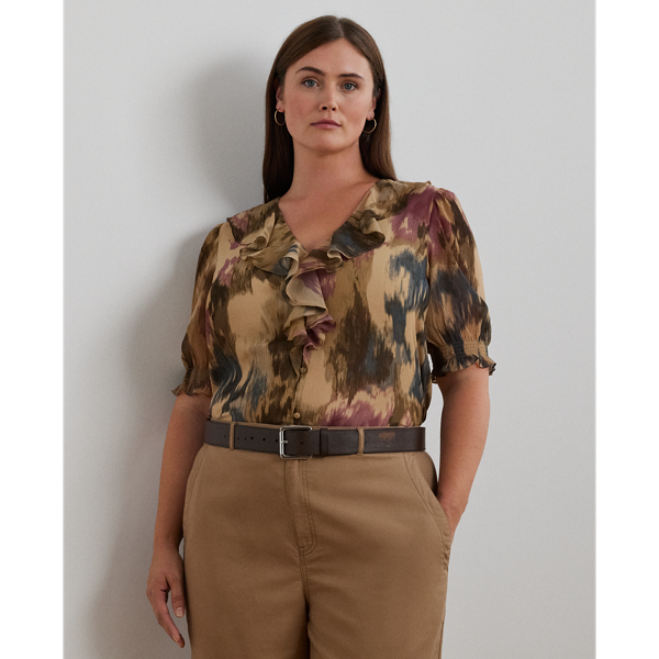 Lauren Woman Floral Georgette Ruffle-trim Blouse In Tan Multi