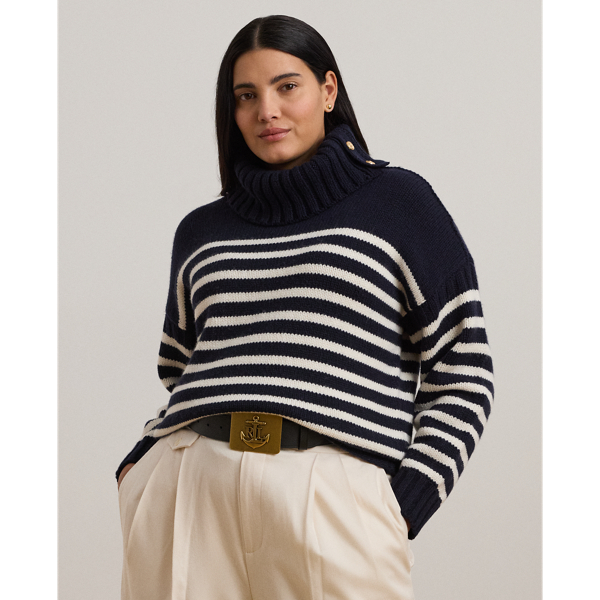 Shop Lauren Woman Striped Wool-blend Turtleneck Sweater In Lauren Navy/cream