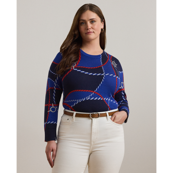 Lauren Woman Rope-print Cotton-blend Sweater In Blue Multi