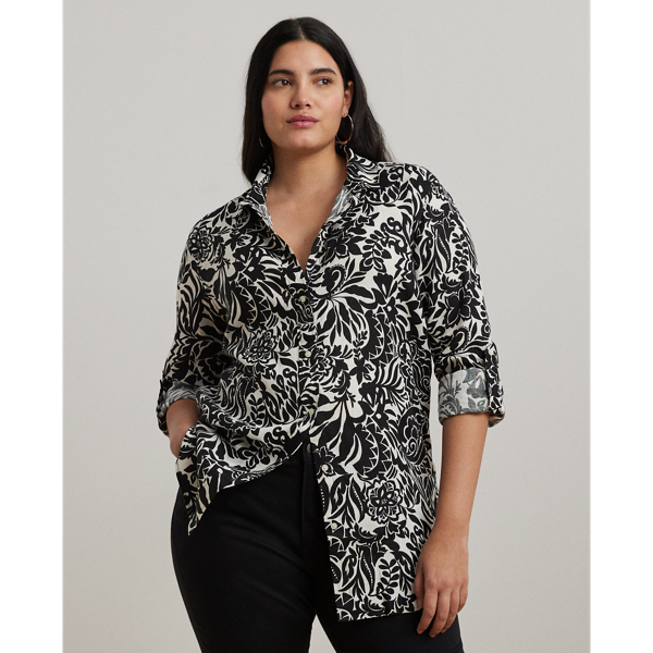 Lauren Woman Relaxed Fit Floral Linen Shirt In Cream/black
