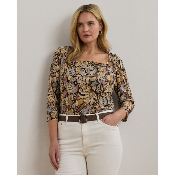 Shop Lauren Woman Floral Stretch Jersey Asymmetrical Top In Brown Multi