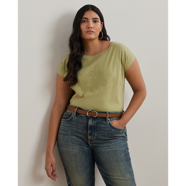 Shop Lauren Woman Embroidered Jersey Tee In Light Olive