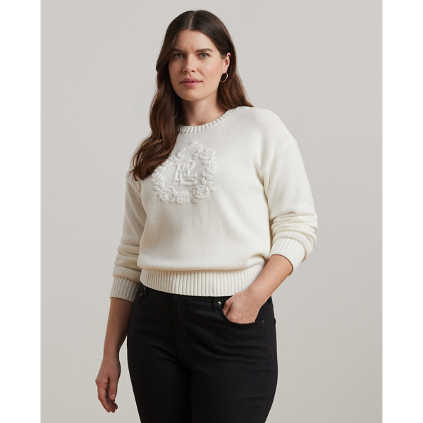 Lauren Woman Floral-logo Combed Cotton Sweater In White