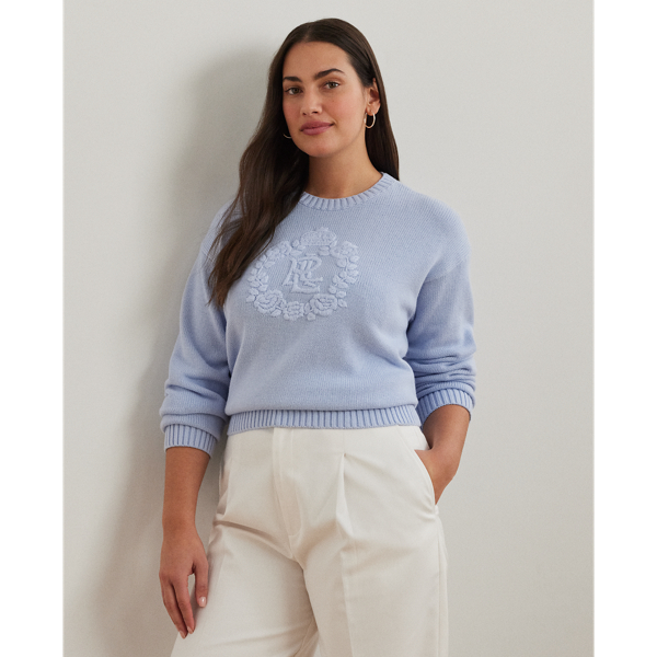 Lauren Woman Floral-logo Combed Cotton Sweater In Cornflower Blue