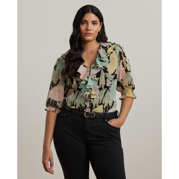 LAUREN WOMAN FLORAL GEORGETTE RUFFLE-TRIM BLOUSE 