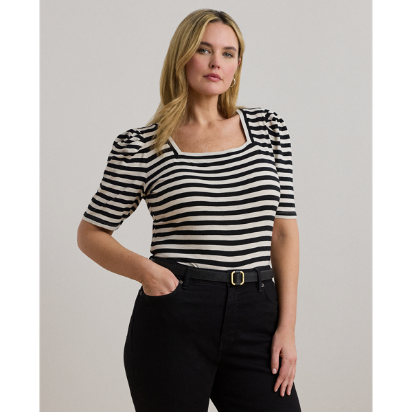 Lauren Woman Ralph Lauren Striped Cotton Jersey Puff-sleeve Tee