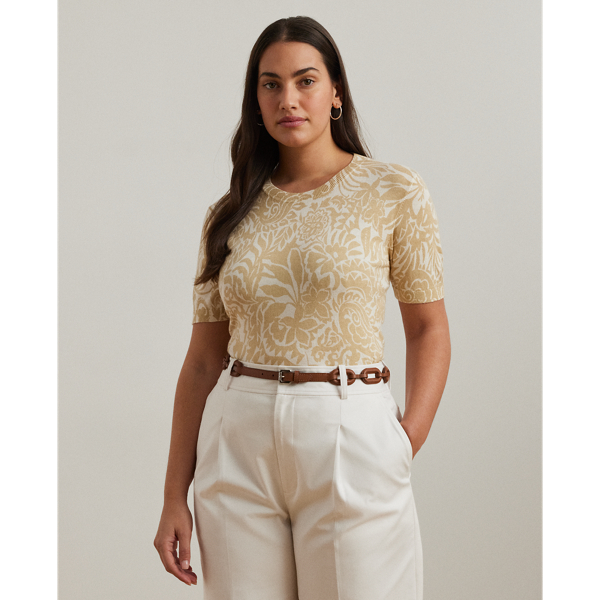 Lauren Woman Floral Cotton-blend Short-sleeve Sweater In Cream Multi