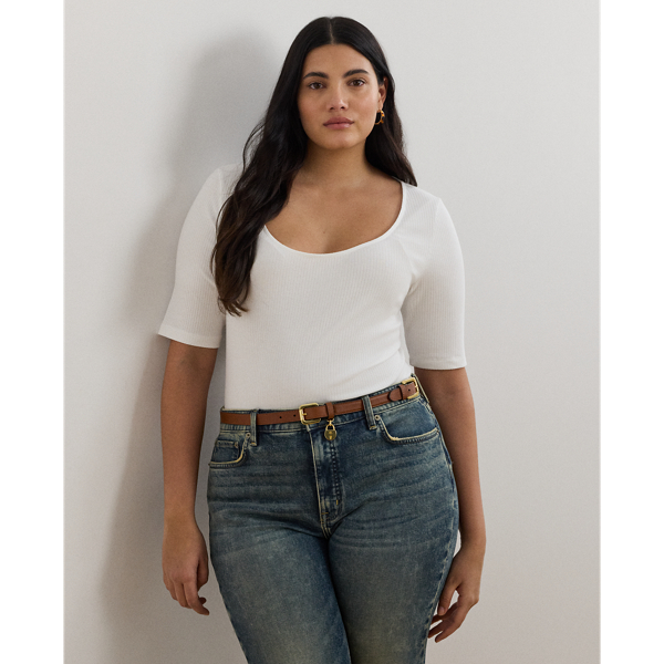 Lauren Woman Ralph Lauren Rib-knit Cotton-blend Elbow-sleeve Tee