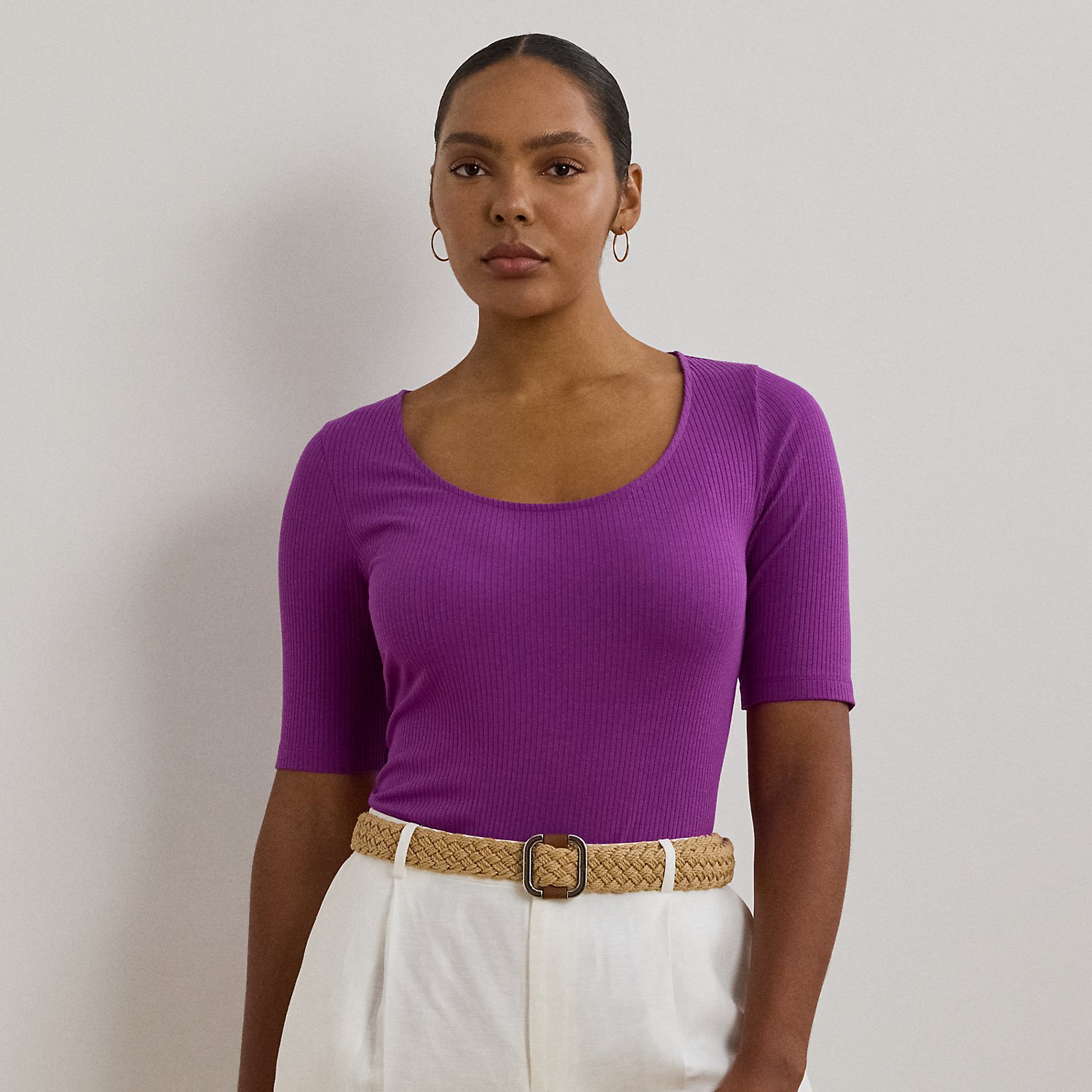 An elevated essential, this scoopneck tee with elbow-length sleeves features a slim fit and a soft, stretch-cotton blend construction. A tonal "LRL"-embroidered logo on the hem adds a subtle signature finish.