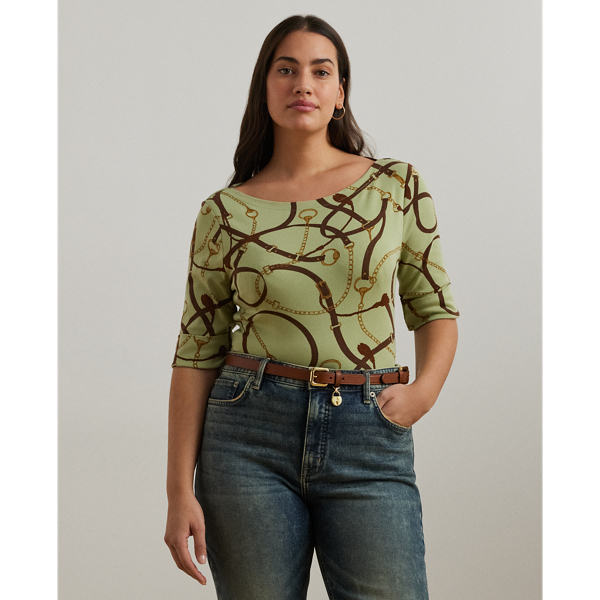 Lauren Woman Belting-print Cotton-blend Boatneck Tee In Green Multi