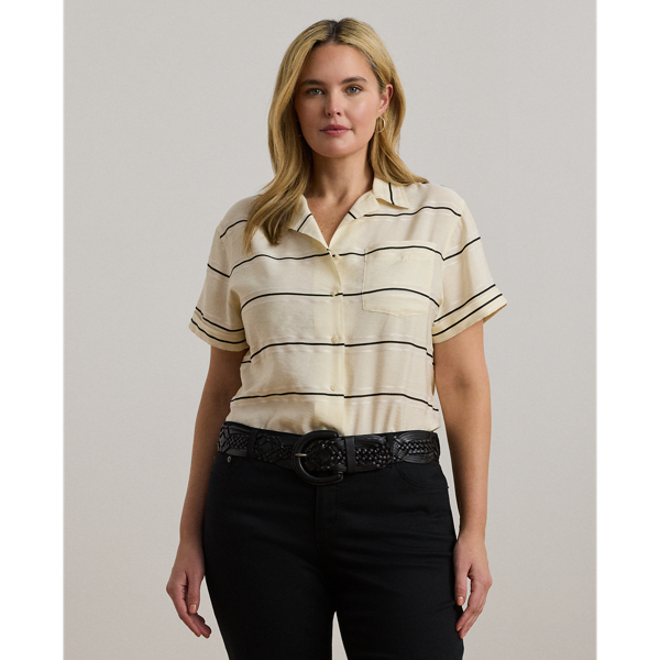 Lauren Woman Striped Short-sleeve Camp Shirt In Tan Multi