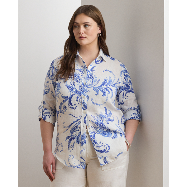 Lauren Woman Relaxed Fit Paisley Linen Shirt In White/blue