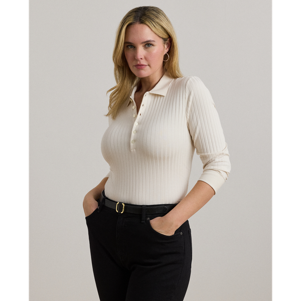 Lauren Woman Ralph Lauren Rib-knit Three-quarter-sleeve Polo Shirt