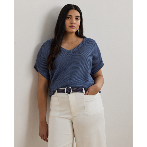 Grandes Tailles - Pull col V à manches courtes en lin - Lauren Curve - Modalova