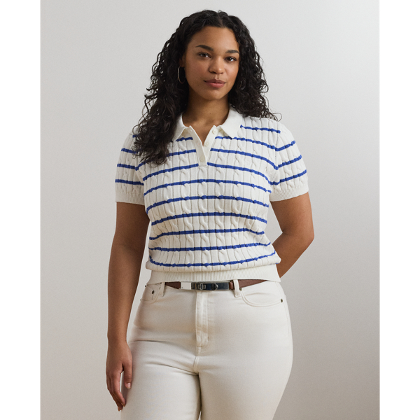 Lauren Woman Ralph Lauren Striped Cable-knit Cotton Polo Sweater